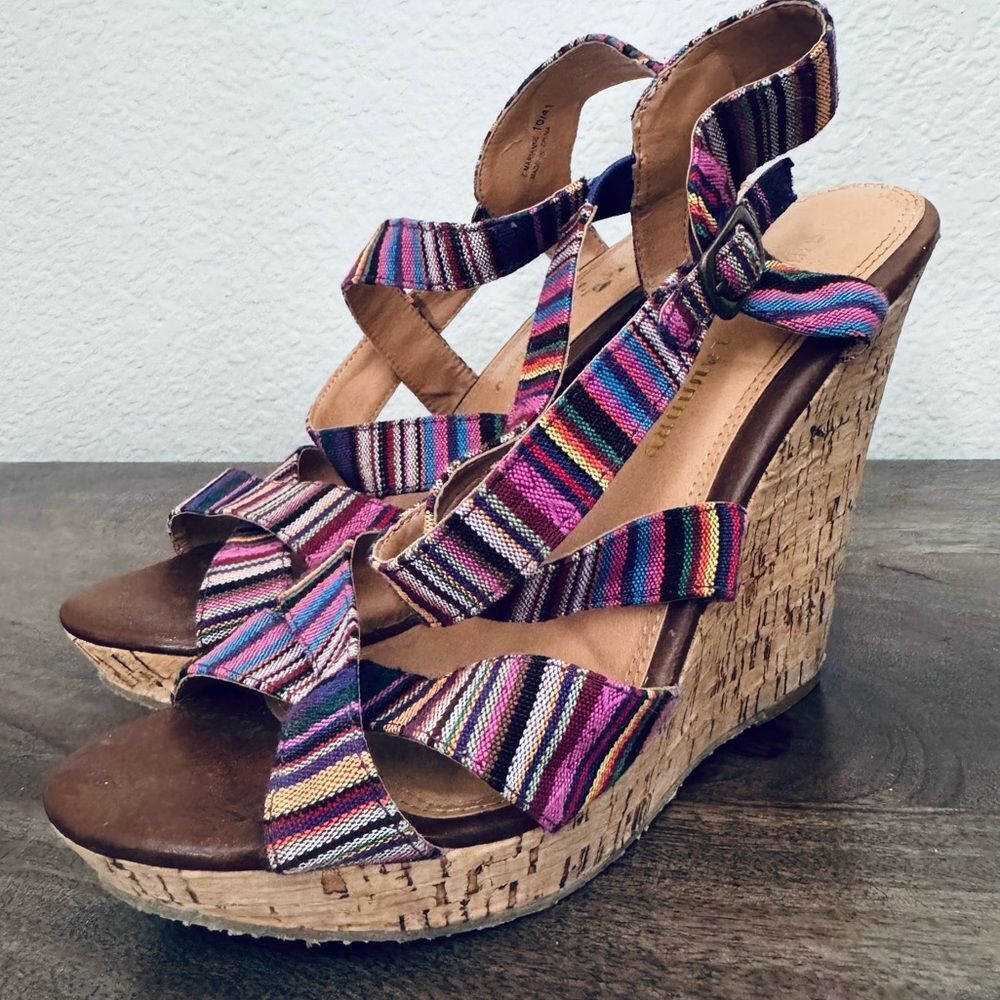 Chinese Laundry Marianne Pink Stripe Boho Multi Cork Wedge Heel Sandals 10